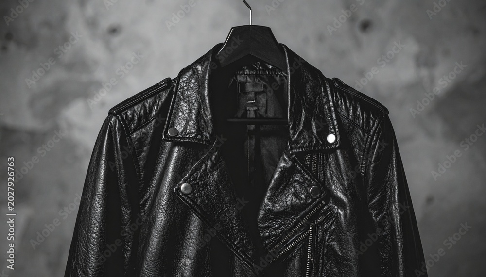 Fototapeta premium Stylish Black Leather Biker Jacket Hanging on a Concrete Wall