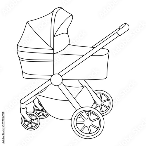 Minimalist black and white outline of a baby stroller with wheels and hood perfect for coloring book page or educational materials for kids.