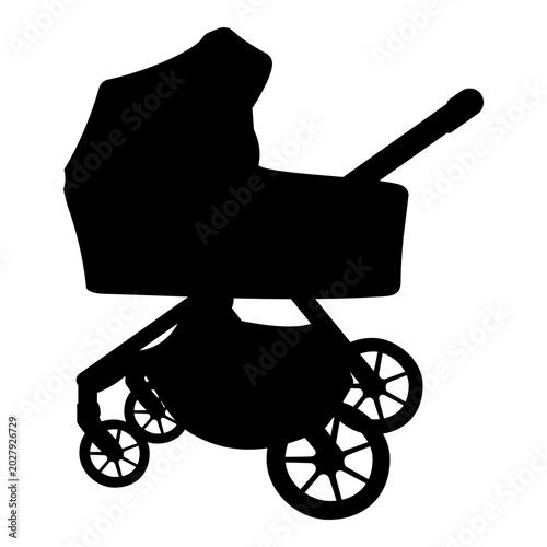 Solid black silhouette of a classic baby carriage for newborns with wheels and hood isolated on white background for logos, icons or web design projects.