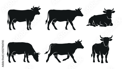 Cow Silhouettes Set – Standing, Walking, Grazing, Resting, Running & Bull Poses Vector