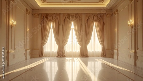 Luxurious Empty Classical Ballroom with Golden Drapes and Sunlight