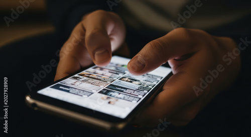 Person engrossed in smartphone browsing content illuminated screen focused hands.