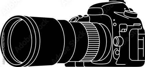 Photos Camera with large telephoto lens attached.