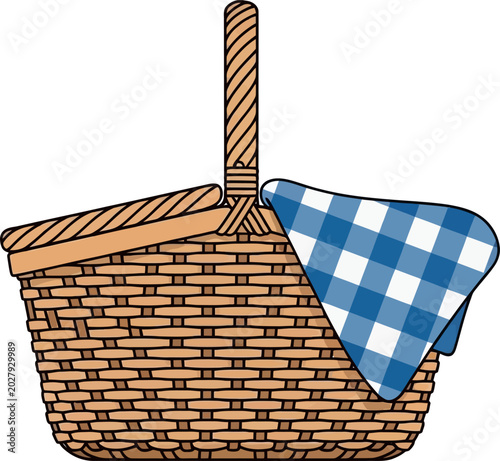 Traditional woven wicker picnic basket with a classic blue and white checkered blanket, perfect for a delightful outdoor meal, a sunny summer excursion, or a relaxing leisure activity