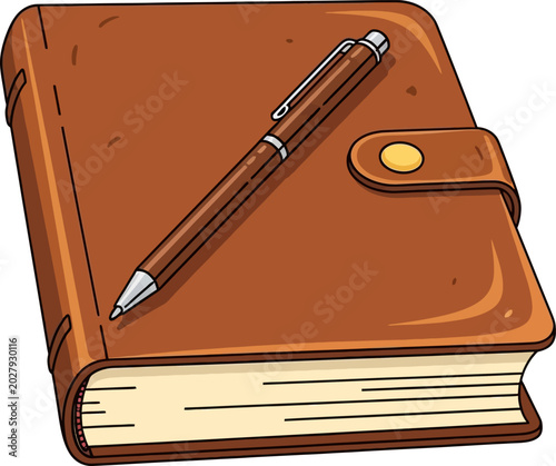 A vintage leather-bound journal with a classic pen resting on its cover, perfect for journaling or note-taking
