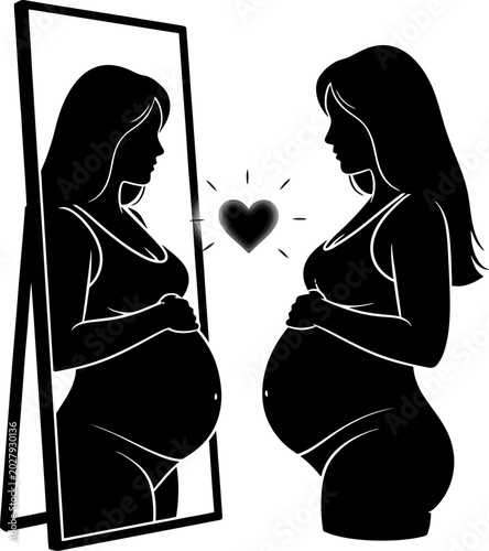 Pregnant woman's silhouette lovingly gazes at her reflection, a glowing heart symbolizing self-love, acceptance, and the profound journey of maternity
