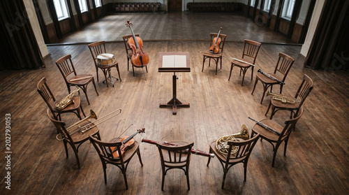 Empty Orchestra Circle with Instruments and No Conductor 