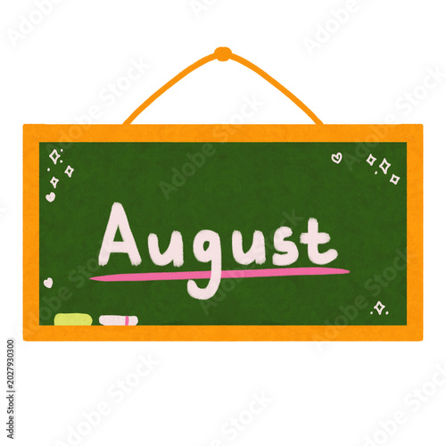 Hanging green blackboard with handwritten August text and chalk illustrations on an orange frame