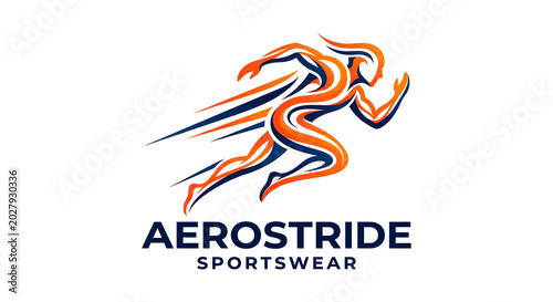 Dynamic running athlete vector logo template, abstract sprinter in motion icon for sportswear brand and fitness championship identity