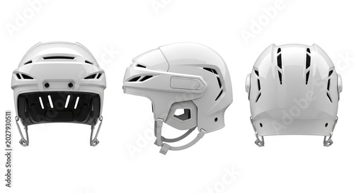White ice hockey helmet from three different angles isolated on a white background mockup