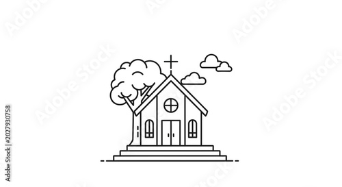 Minimalist Line Art Church Building with Tree and Clouds