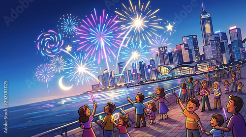 Colorful fireworks display over city skyline at waterfront celebration during night