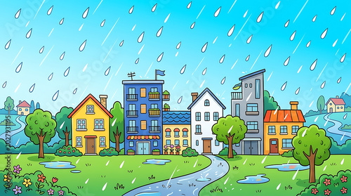 Colorful European townhouses along riverbank in sunny village landscape with birds flying