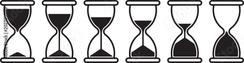 Six black hourglass showing progression of time from full to empty, isolated on white also transparent background