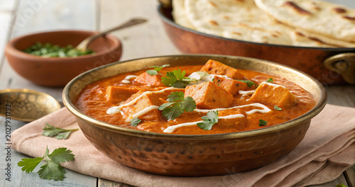 Flavorful Indian paneer butter masala gravy topped with fresh cream and herbs on a cloth napkin. Cottage cheese curry dish with aromatic spices served alongside flatbread on a bright wooden surface