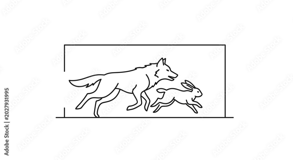 Fototapeta premium Wolf Chasing Rabbit Line Art Illustration - Predator Prey Dynamic