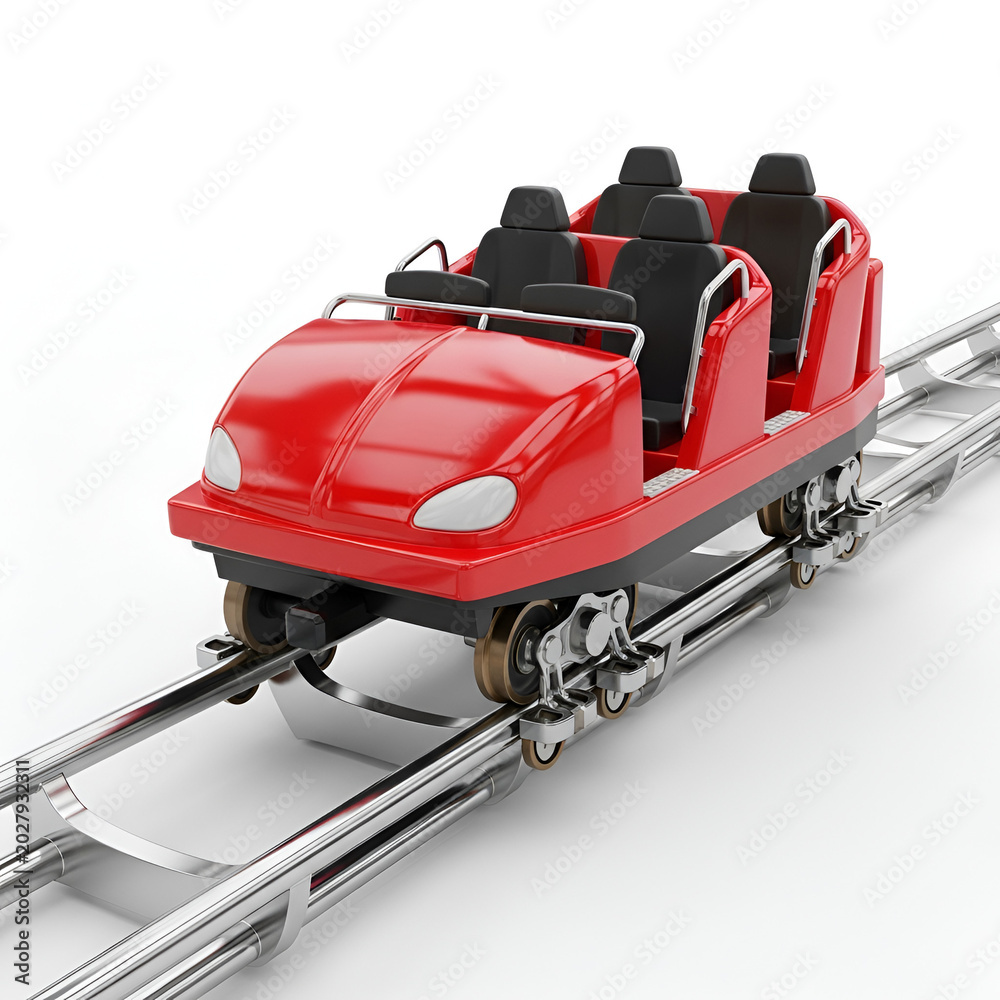 Red rollercoaster car on metal track isolated on white background