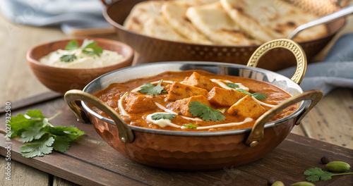 Paneer tikka masala or cottage cheese curry served in a traditional hammered copper kadai. Authentic North Indian shahi paneer curry with tandoori flatbread basket in the background