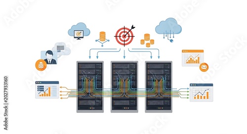 Three computer servers connected to various data and analytics icons in a network