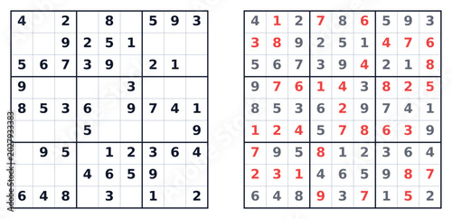 Schilderij op canvas Easy Sudoku puzzle game solution with highlighted numbers and grid