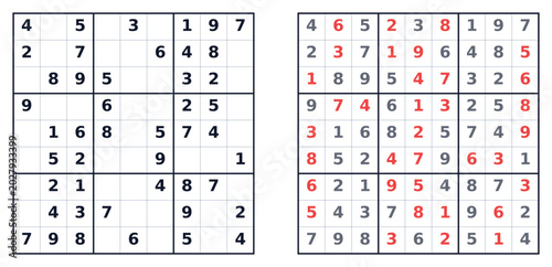 Foto Easy Sudoku puzzle comparison showing solved and unsolved grids