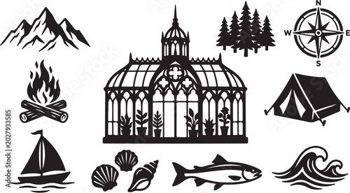 Adventure Icons and Nature Symbols Combined Together