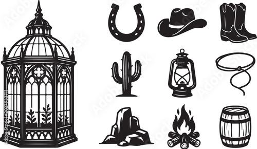 Western themed icons and birdcage illustration set black