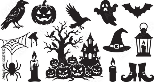 Halloween icons and symbols in black silhouette style
