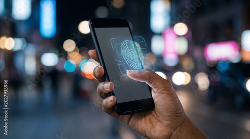 Close Up Hand Using Smartphone with Fingerprint Scan in Blurred Night City Street