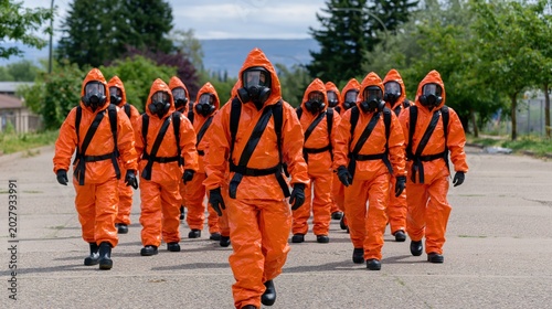 Group of emergency responders wearing full protective gear and respirators prepared for dangerous substance control and chemical defense.