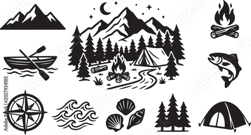 Camping and outdoor adventure icons and symbols set