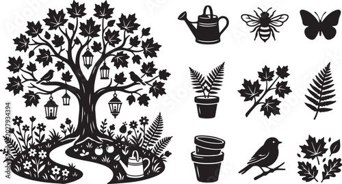 Tree with gardening tools and nature elements illustration