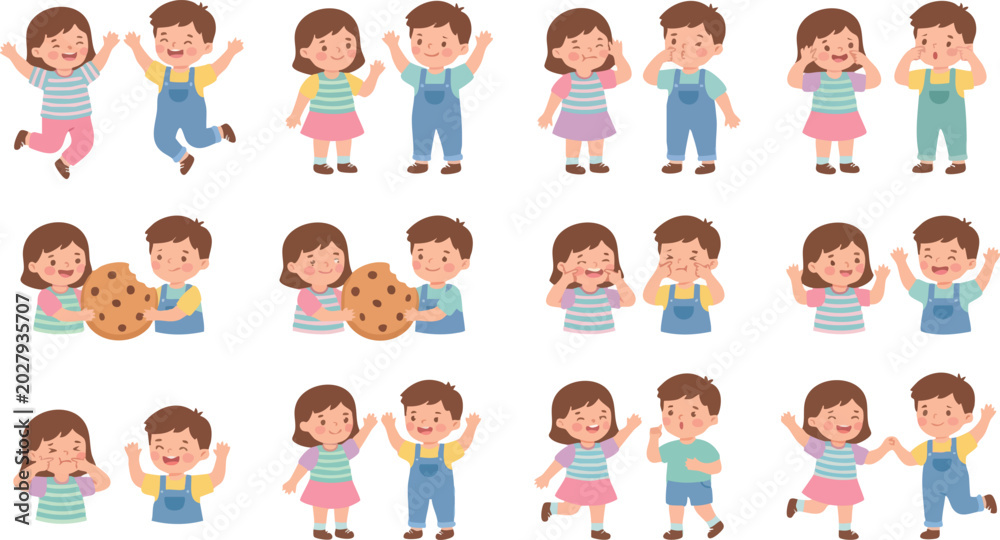 Fototapeta premium Cute Kids Cartoon Characters with Facial Expressions Set on White Background
