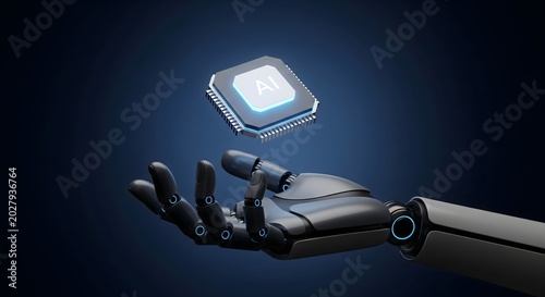 Futuristic robotic hand holding a glowing artificial intelligence microchip on a dark blue background.
