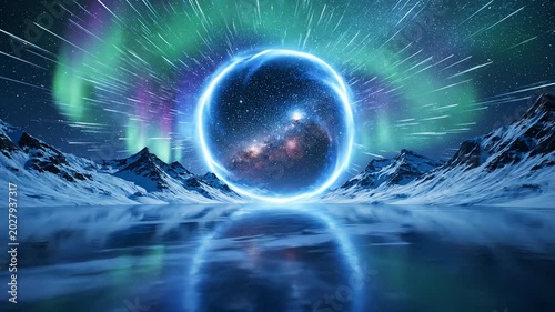 Stunning aurora borealis displaying over snow capped mountains and frozen lake