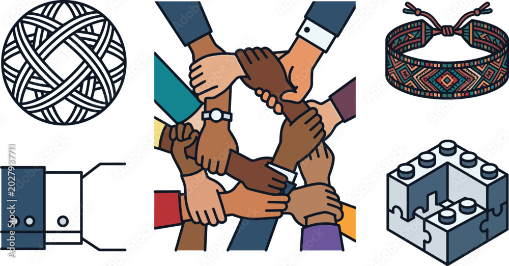 Obraz premium Multicultural Unity and Teamwork Vector Concept Set with Diverse Hands Joined in a Circle, Woven Friendship Bracelet, and Interlocking Puzzle Bricks