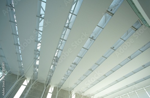A modern ceiling design featuring alternating solid white panels and long, narrow glass skylights held by structural support beams