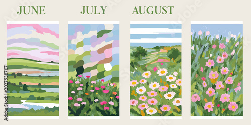 impressionistic summer landscape paintings labeled june july and august