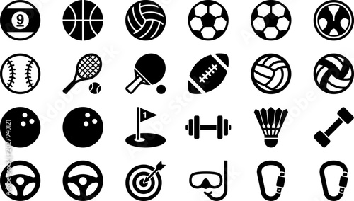 Bild auf Leinwand Sports Equipment Icon Collection Featuring Soccer Basketball Tennis Golf Fitness