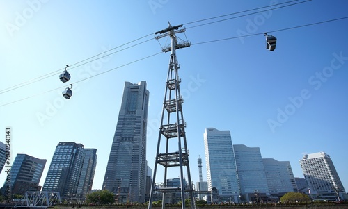 Clear blue sky and modern waterfront cityscape with urban ropeway cabins crossing above high rise buildings