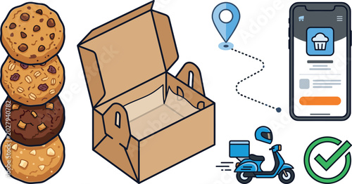 Online Bakery Food Delivery Vector Icon Set Featuring Stack of Cookies, Kraft Paper Takeout Box, Smartphone App, and Delivery Scooter