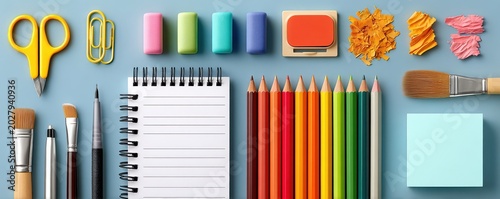 Flat lay of colorful school and art supplies with notebook and pencils on blue background