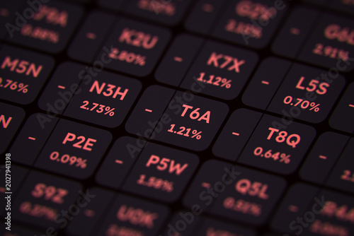 Fotografie Close-up of a digital stock market screen showing red tickers and negative percentages