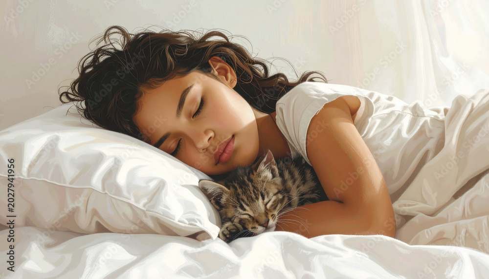 Fototapeta premium Young girl sleeping with kitten