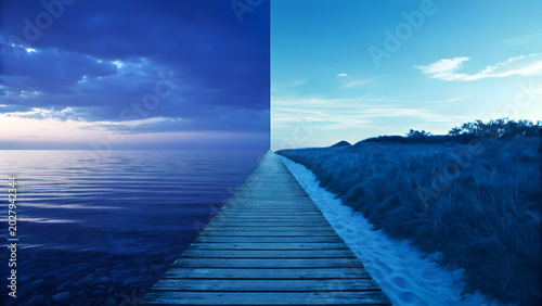 Blue mental health awareness work life balance Split path work stress and calm life, decision balance concept