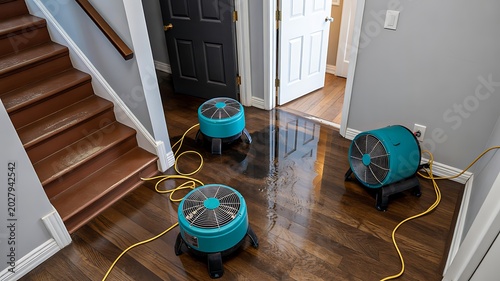  Water damage restoration equipment drying hardwood floor inside modern residential home interior