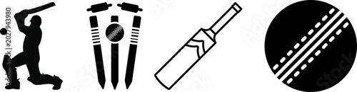 Konstfotografi Cricket Icon Set Cricket bat ball stumping bails icon, A cricket bat, ball, and