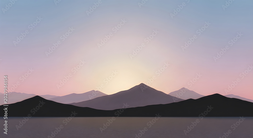 Obraz premium Silhouette of mountains and body of water at sunset or sunrise