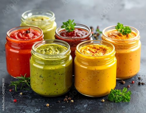 A vibrant arrangement of six jars filled with various colored sauces