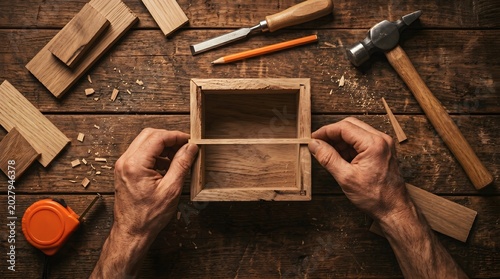 A person assembling a small wooden box on a workbench with tools